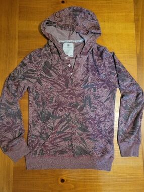On The Byas Purple Green Tropical Flowers Leaves Button Hooded Sweatshirt Size S